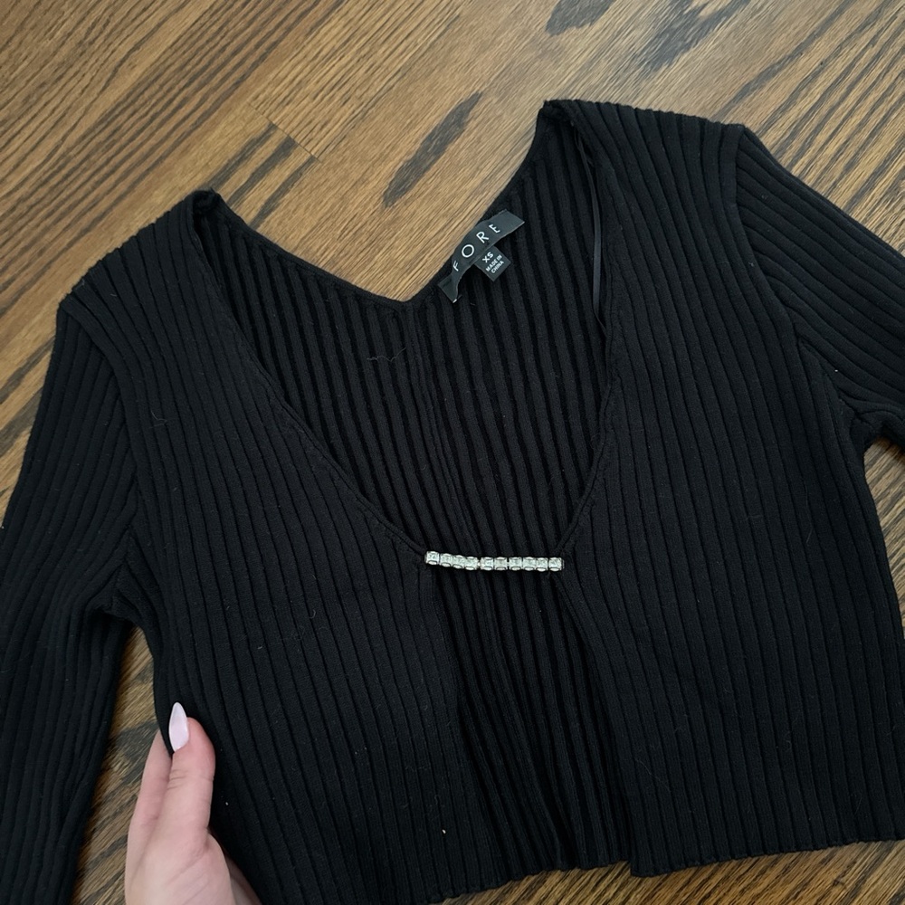 FORE Black Ribbed V-Neck Crop Top with Rhinestone Accent